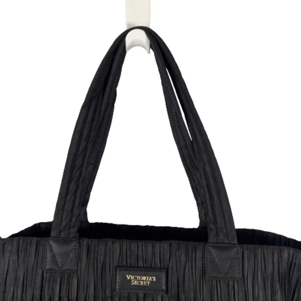 Victoria's Secret Womens Tote Bag Crinkle Nylon‎ Black Travel Vacation Weekend